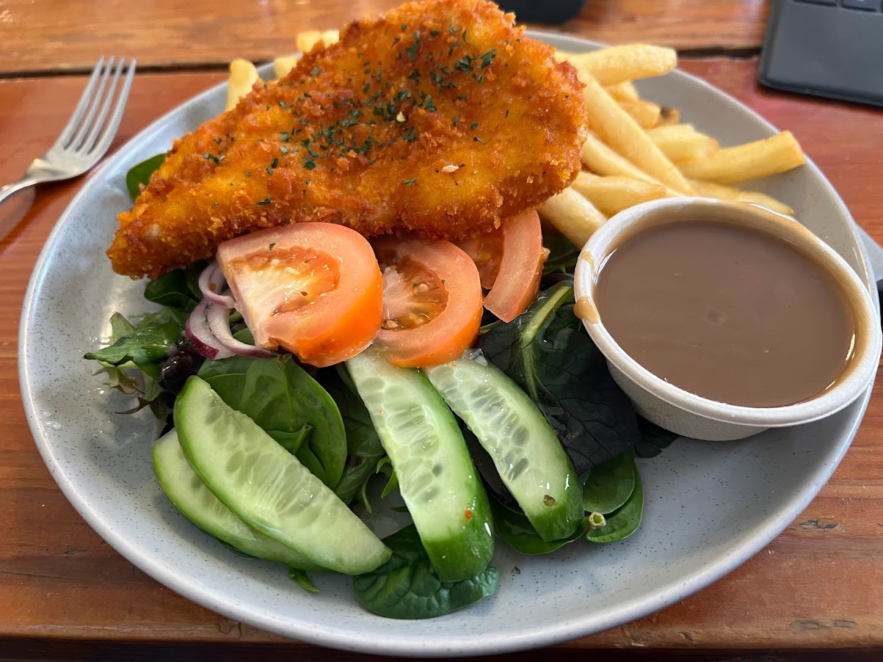Schnitzel plate with chips and salad at Hart's Pub