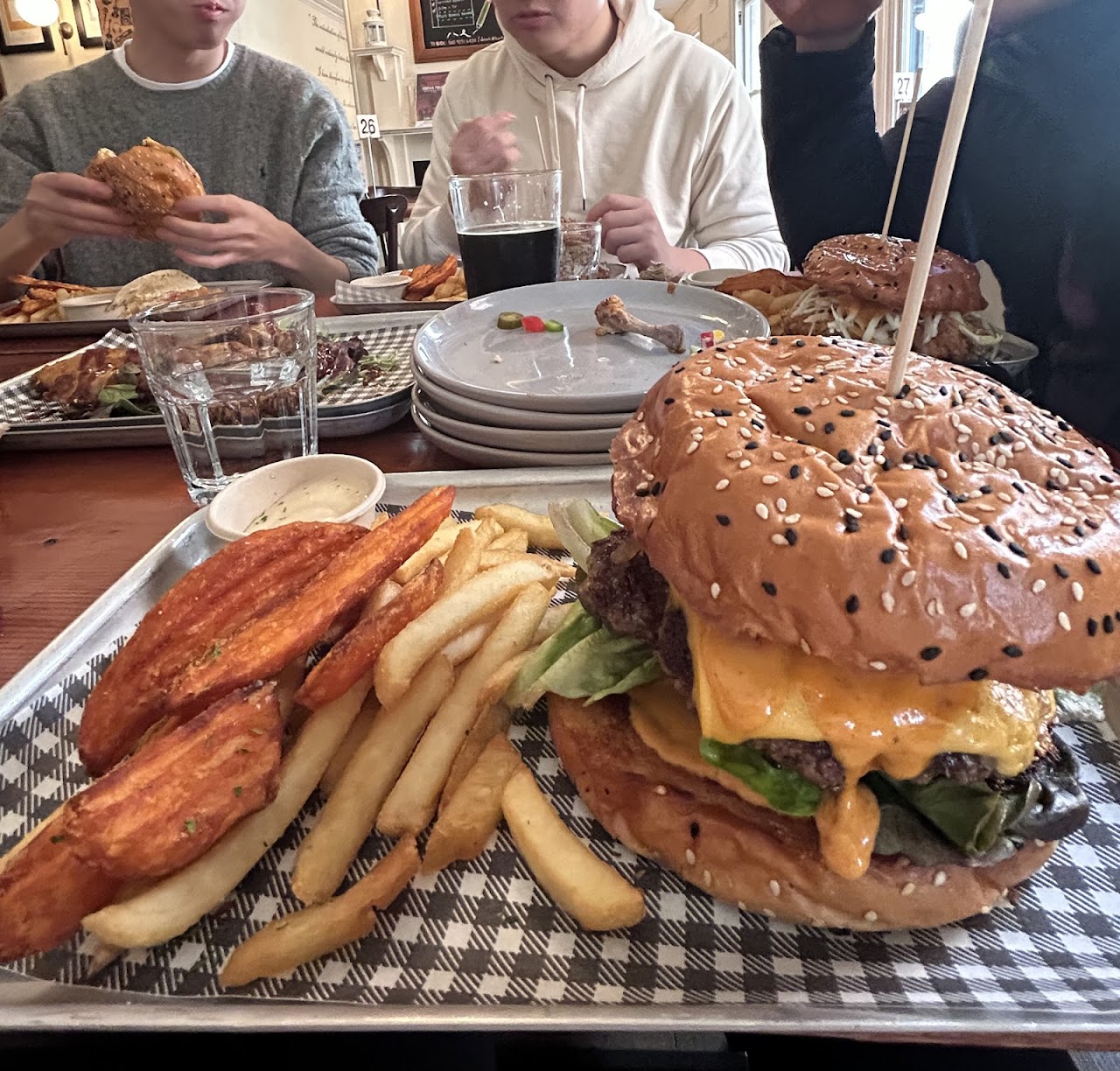 Large burger and fries at Hart's Pub